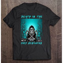 death is the only beginning spooky halloween ghost bat funny essential, unisex t-shirt