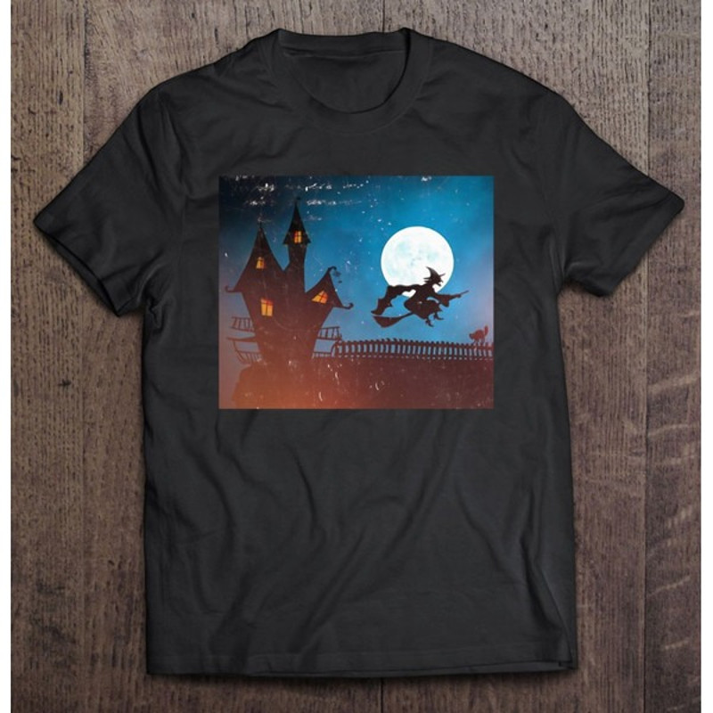 Spooky Retro Haunted House Witch Flying Halloween Classic, Unisex T-Shirt