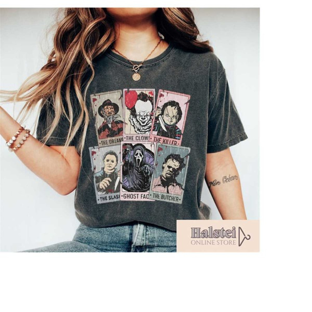 Vintage Horror Characters Tarot Card Shirt, Halloween Tarot Card Horror Friends Shirt, Unisex T-Shirt