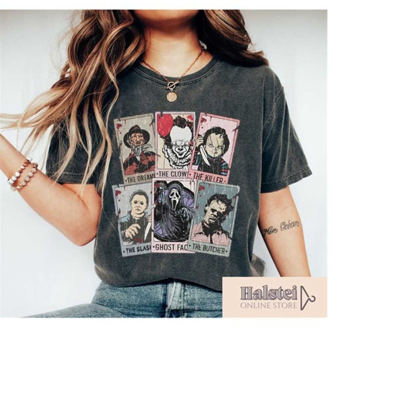 Vintage Horror Characters Tarot Card Shirt, Halloween Tarot Card Horror Friends Shirt, Unisex T-Shirt