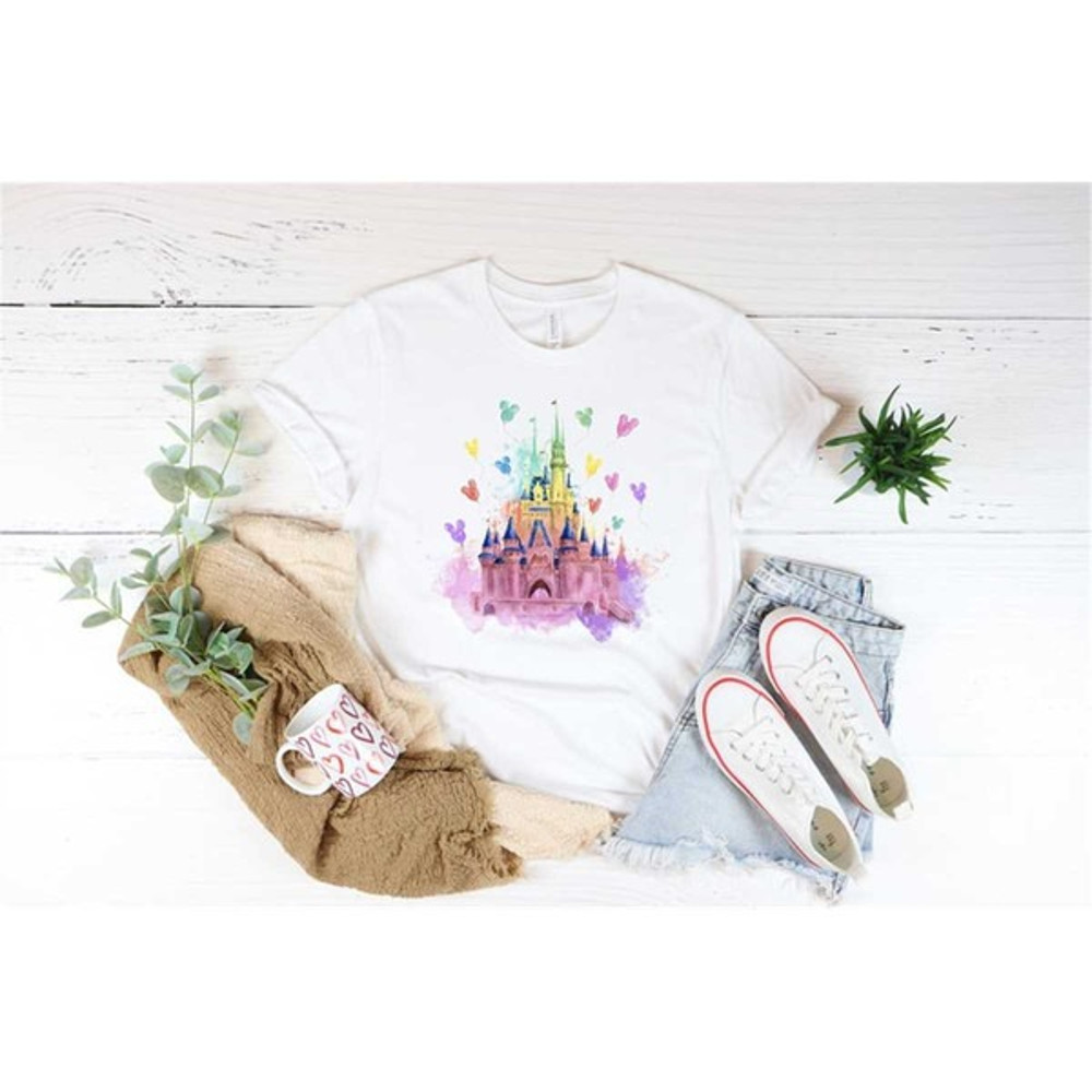 Colorful Watercolor Castle and Mickey Balloons Shirt, Disney Shirt For Adult or Kids, Unisex T-Shirt 01