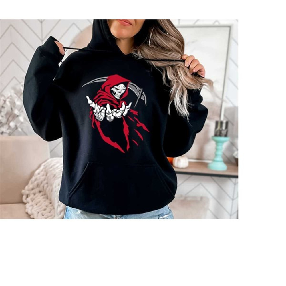 Skeleton Shirt, Scary and Spooky Hoodie, Grim Reaper Skull Red Hood Hoodie, Unisex Sweatshirt, Hoodie