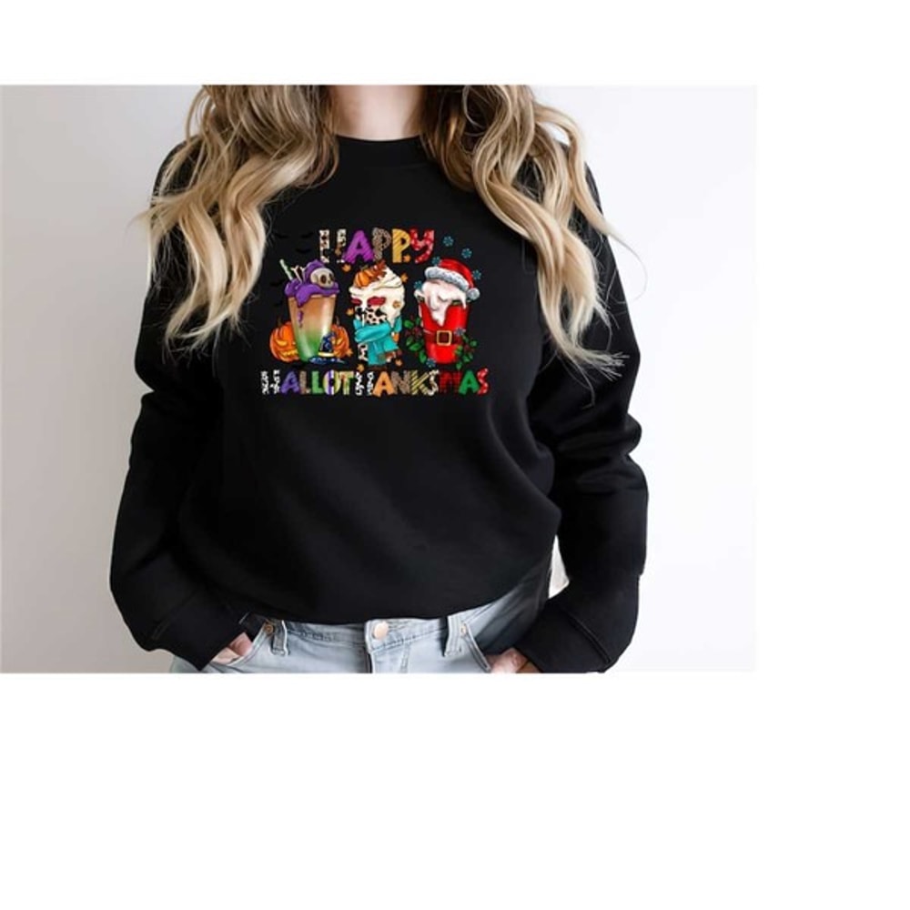 Happy HalloThanksMas Christmas Sweatshirt, Coffee Christmas Shirt, Unisex Sweatshirt, Hoodie