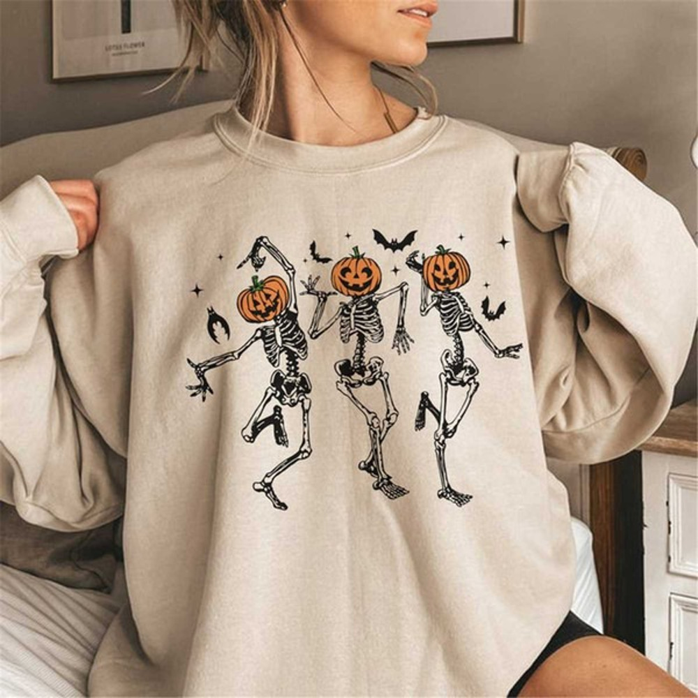 Dancing Skeleton Sweatshirt, Pumpkin Skeleton Graphic Tee, Halloween Skeleton Shirt, Unisex Sweatshirt, Hoodie