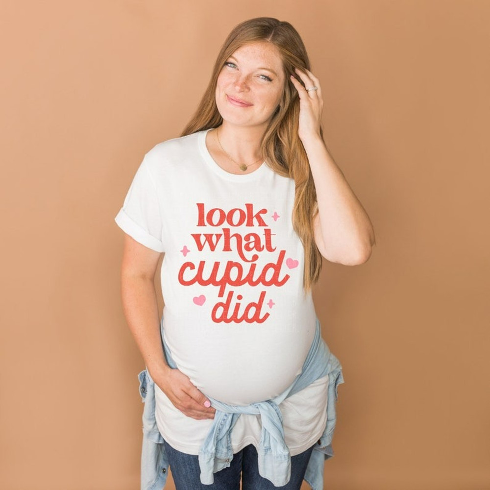 Valentine's Day Shirts Pregnancy Reveal Look What Cupid Did Shirt, Unisex T-Shirt