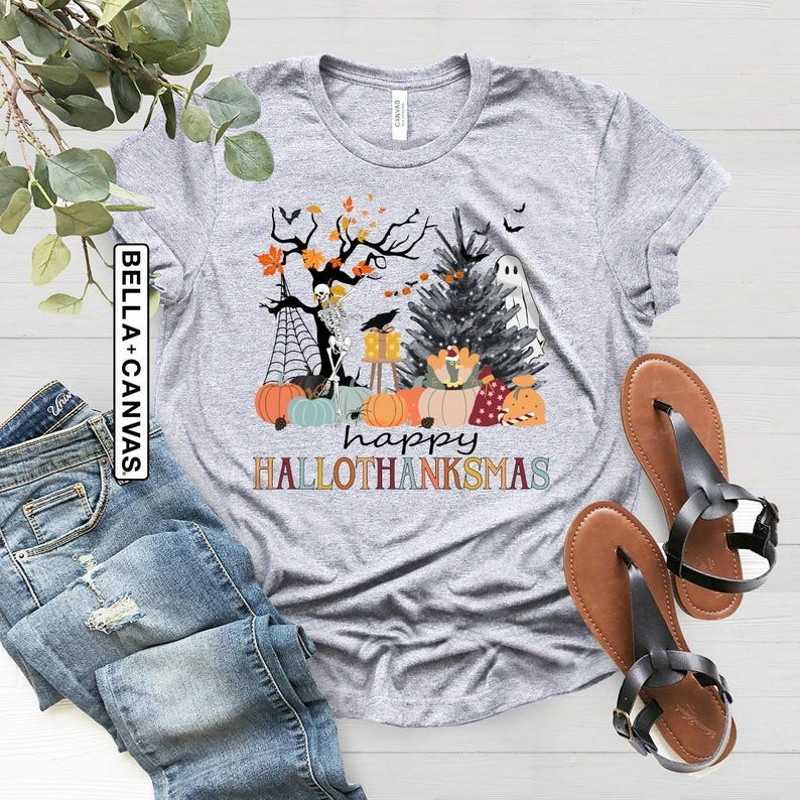 Happy Hallothanksmas Shirt, Happy Halloween Thanksgiving Christmas Shirt, Unisex T-Shirt