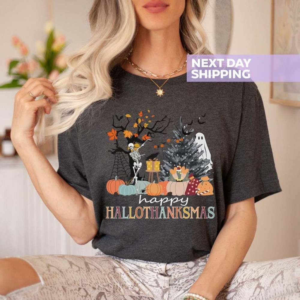 Happy Hallothanksmas Shirt, Happy Halloween Thanksgiving Christmas Shirt, Unisex T-Shirt