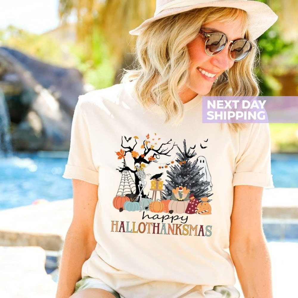 Happy Hallothanksmas Shirt, Happy Halloween Thanksgiving Christmas Shirt, Unisex T-Shirt