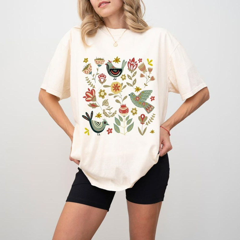 Cottagecore Birds and Flowers Shirt, Folk Art Scandi Art T-Shirt, Unisex T-Shirt