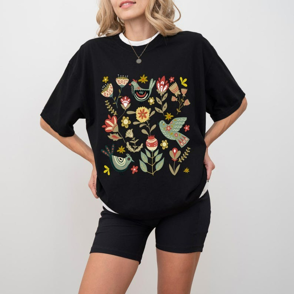 Cottagecore Birds and Flowers Shirt, Folk Art Scandi Art T-Shirt, Unisex T-Shirt