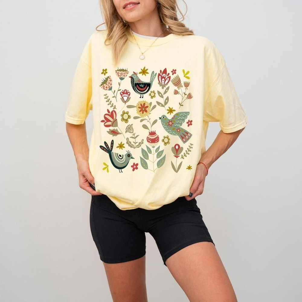 Cottagecore Birds and Flowers Shirt, Folk Art Scandi Art T-Shirt, Unisex T-Shirt