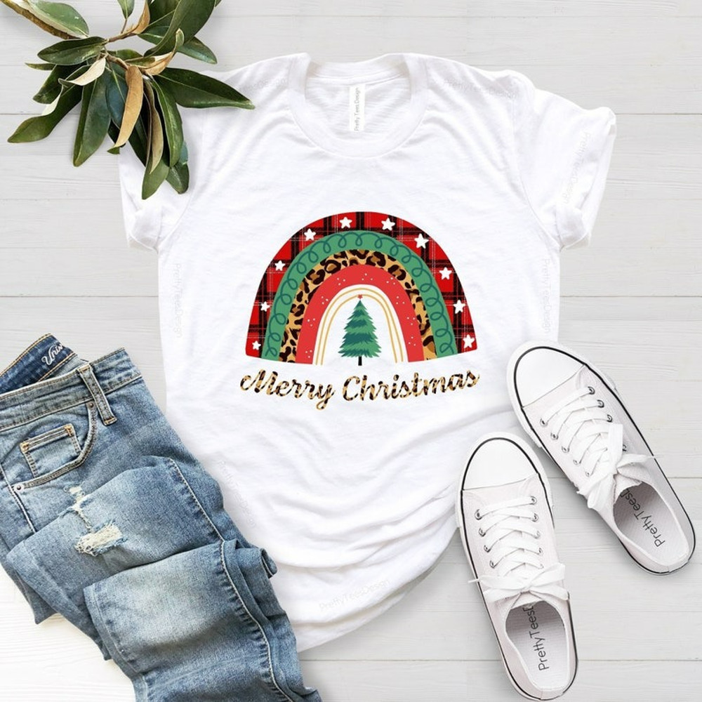 Christmas Shirts, Heart Plaid Merry Christmas Rainbow Shirt, Christmas Gift, Unisex T-Shirt