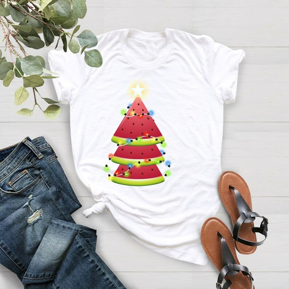 Christmas Shirt, Watermelon Christmas Tree Shirt, Beach Christmas Tee, Unisex T-Shirt