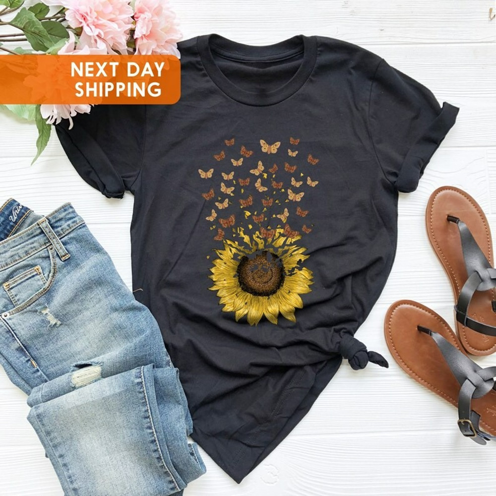 Adorable Butterfly Sunflower T-shirt Gift For Women Girls, Love Butterfly Shirt, Unisex T-Shirt