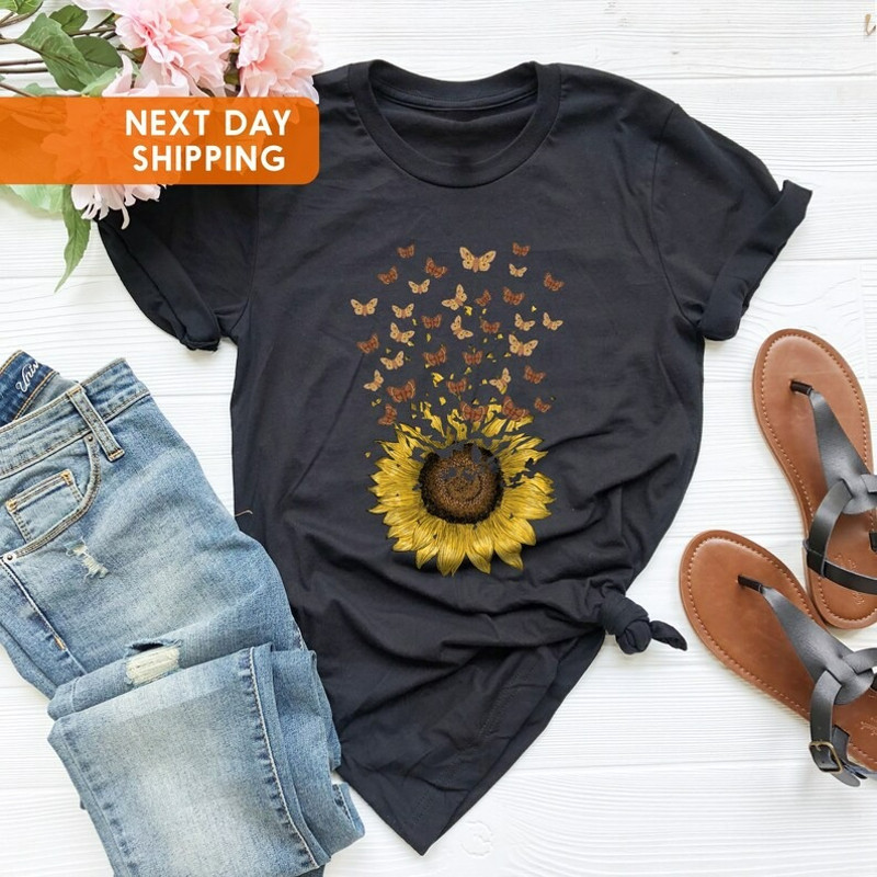 Adorable Butterfly Sunflower T-shirt Gift For Women Girls, Love Butterfly Shirt, Unisex T-Shirt
