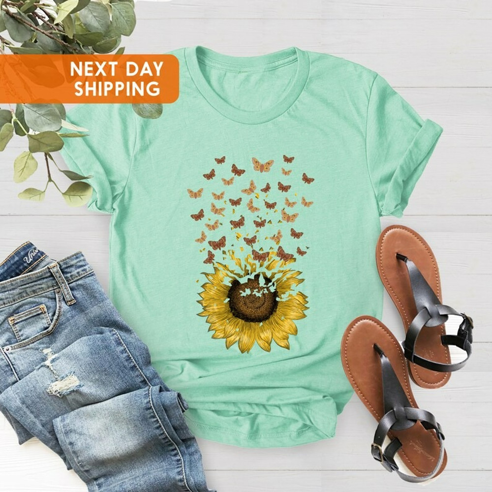 Adorable Butterfly Sunflower T-shirt Gift For Women Girls, Love Butterfly Shirt, Unisex T-Shirt