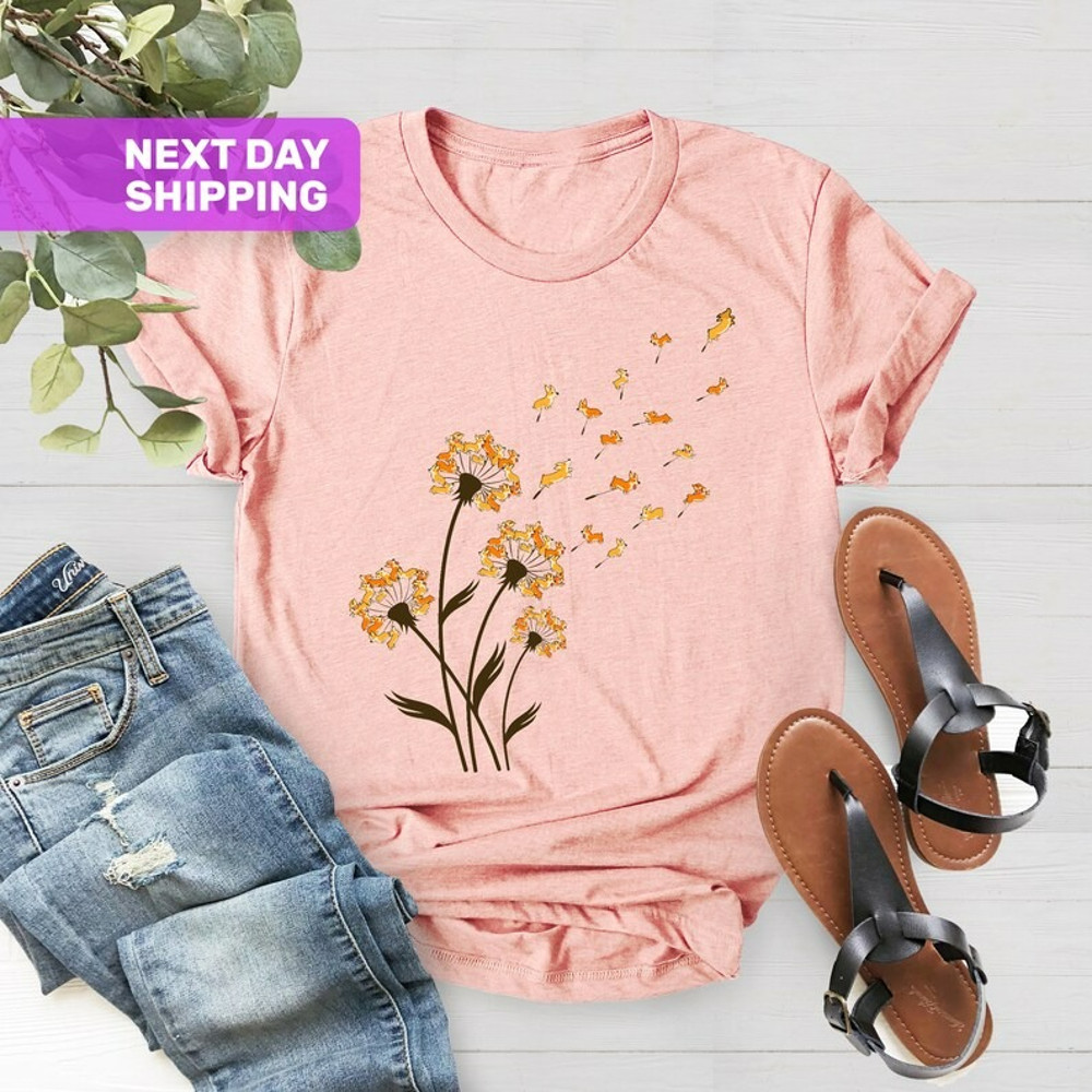 Corgi Flower Fly Dandelion Funny Dog Lover For Mom Men Kids T-Shirt, Unisex T-Shirt