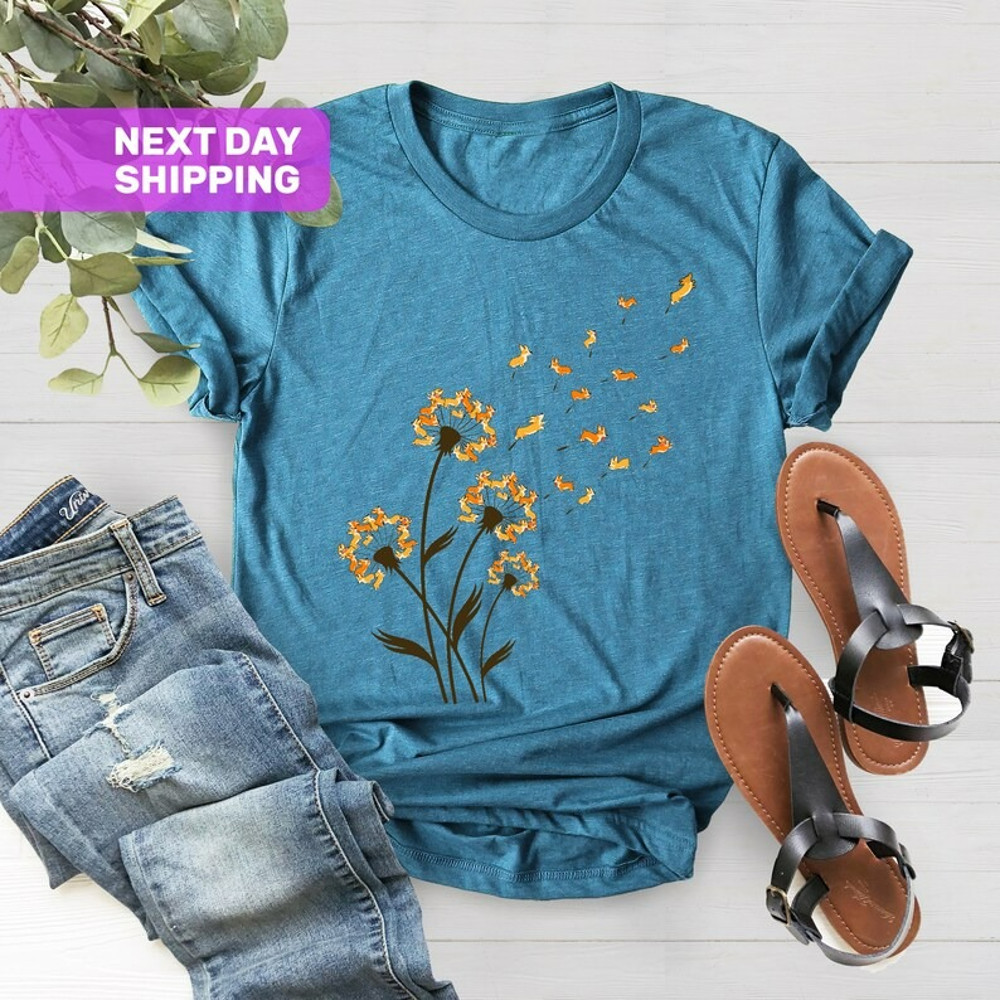 Corgi Flower Fly Dandelion Funny Dog Lover For Mom Men Kids T-Shirt, Unisex T-Shirt