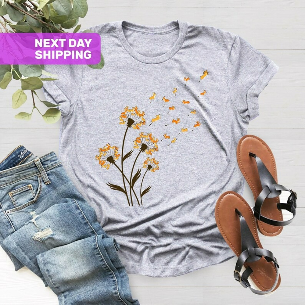 Corgi Flower Fly Dandelion Funny Dog Lover For Mom Men Kids T-Shirt, Unisex T-Shirt