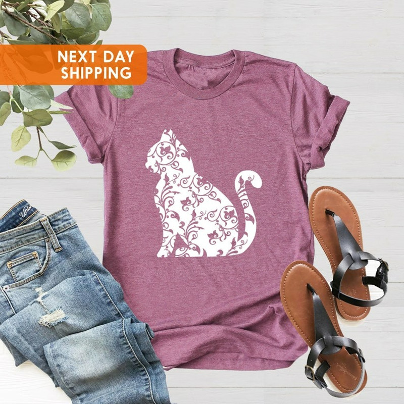 Floral Cat Shirt, Cat Shirt, Nature Lover Shirt, Cat Silhouette Shirt, Unisex T-Shirt