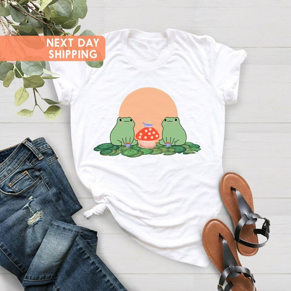 Frogs Drinking Tea Mushroom Shirt, Frogs Lovers Tee, Nature Lover Shirt, Unisex T-Shirt