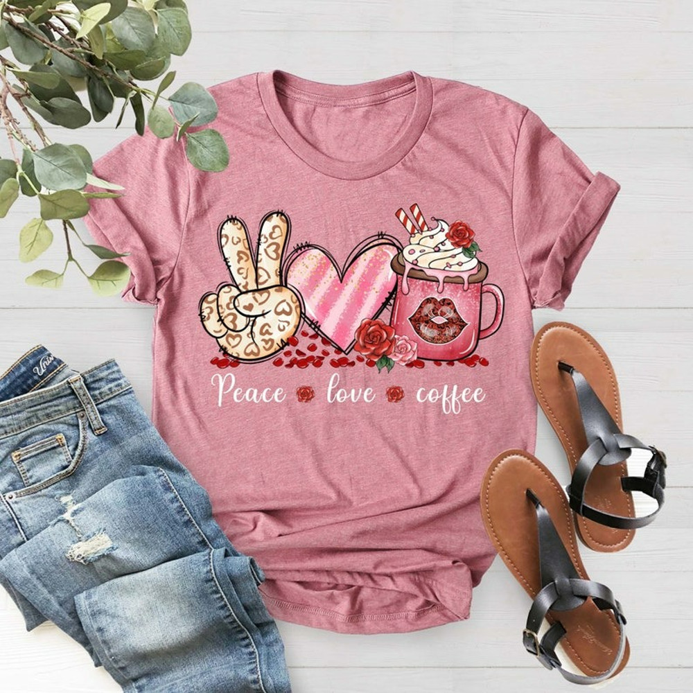 Peace Love Coffee Valentines T-Shirt, Coffee Lovers Shirt, Latte Lover Gifts, Unisex T-Shirt