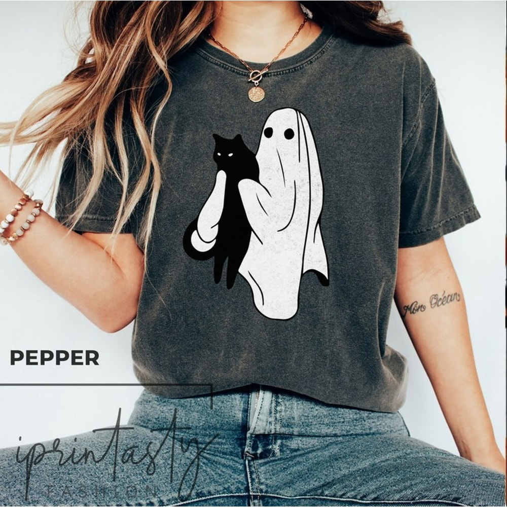 Ghost holding Black Cat Halloween T-shirt, halloween gift for Cats Owner, Unisex T-Shirt