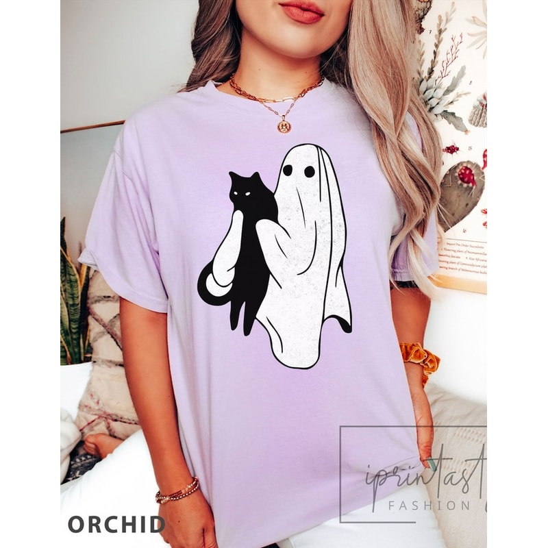 Ghost holding Black Cat Halloween T-shirt, halloween gift for Cats Owner, Unisex T-Shirt