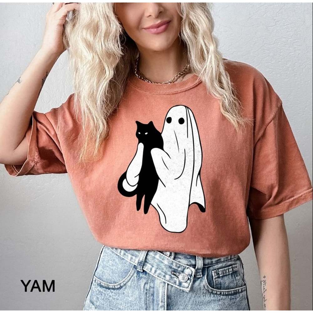 Ghost holding Black Cat Halloween T-shirt, halloween gift for Cats Owner, Unisex T-Shirt
