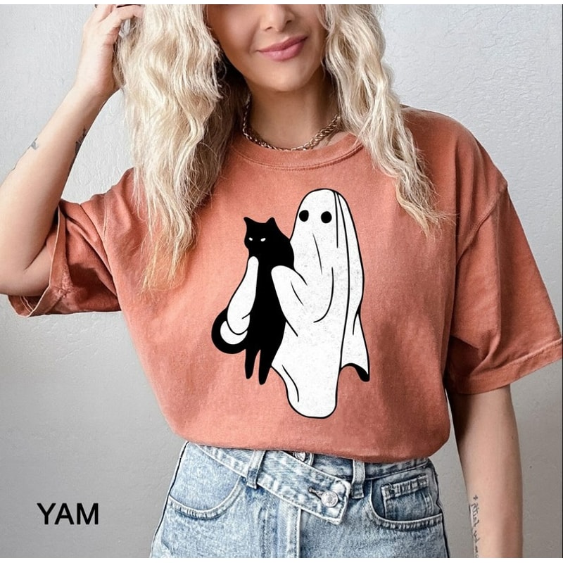 Ghost holding Black Cat Halloween T-shirt, halloween gift for Cats Owner, Unisex T-Shirt