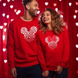 mickey and minnie ears with heart sweatshirt for valentines day, disneyworld valentines travel shirts, valentine's day