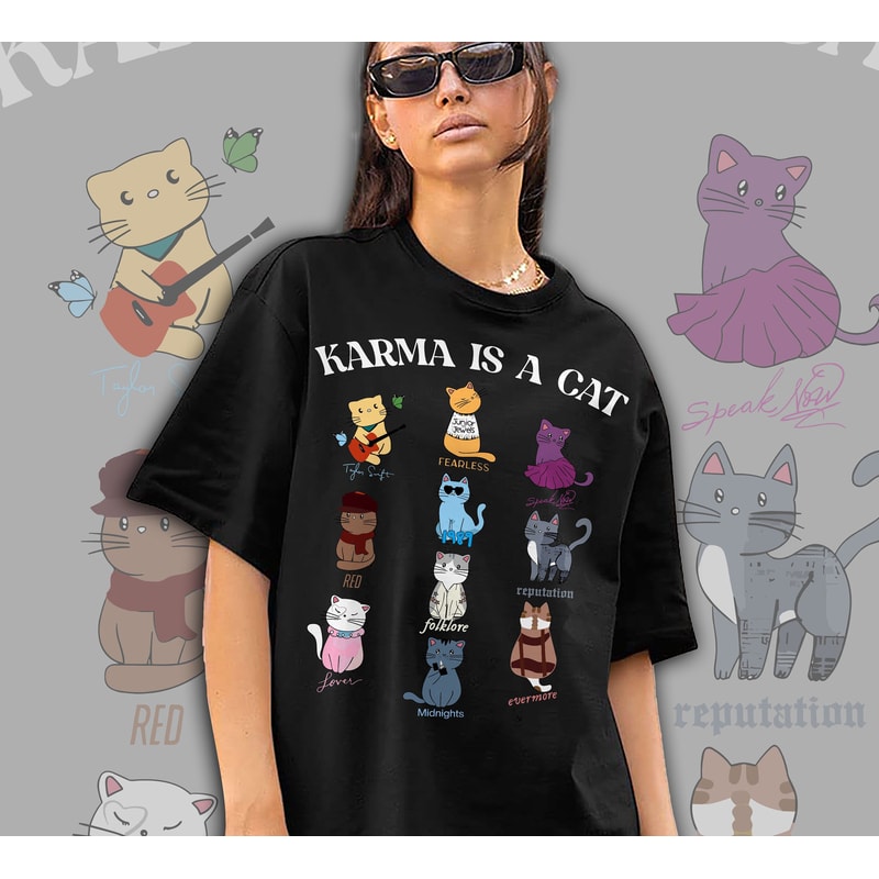 Karma Is A Cat Shirt, Me And Karma Vibe Like That Shirt, Midnights Album Inspired Tee, Concert Shirt, Karma Lyric Gift for Fan.jpg