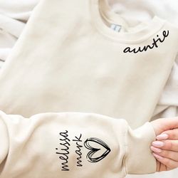 custom auntie sweatshirt with children name on sleeve, crewn, 153