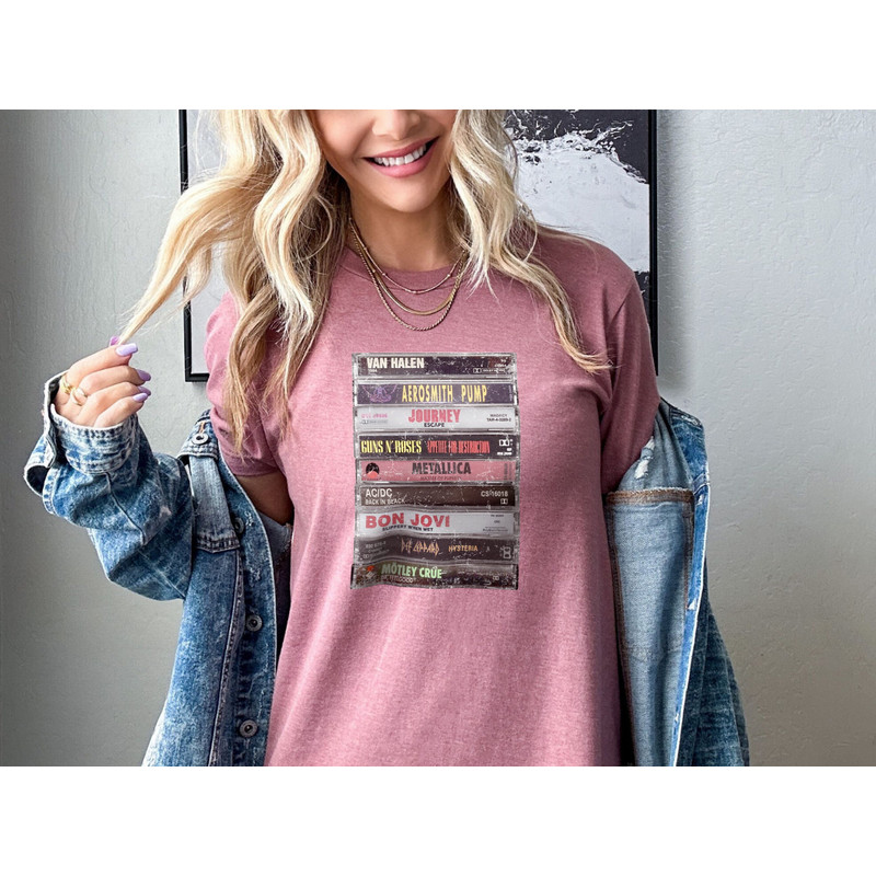 80s Rock Cassette Shirt. Bands Tape Vintage Style Retro Eighties. ACDC, Aerosmith, Journey, Guns Roses, Matallica, Def Leppard Gift Music.jpg