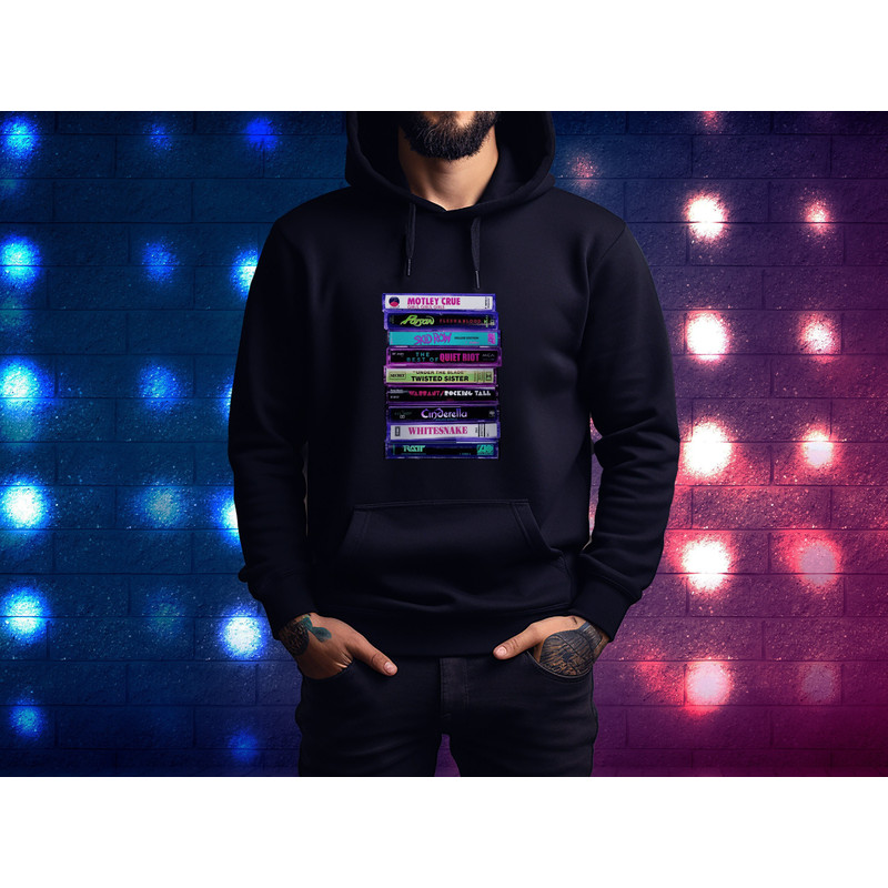 Glam Metal Hair Bands of the 80s Cassette Hoodie. Rock Tapes Whitesnake, Motley Crue, Quiet Riot, Poison, Skid Row, Ratt Warrant Sweatshirt.jpg