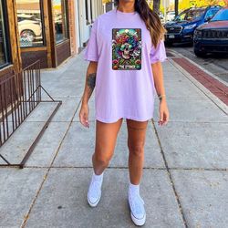 the stoner skeleton tarot card comfort colors shirt, funny 420 cannabis shirt, colorful witchy weed pot smoker t-shirt