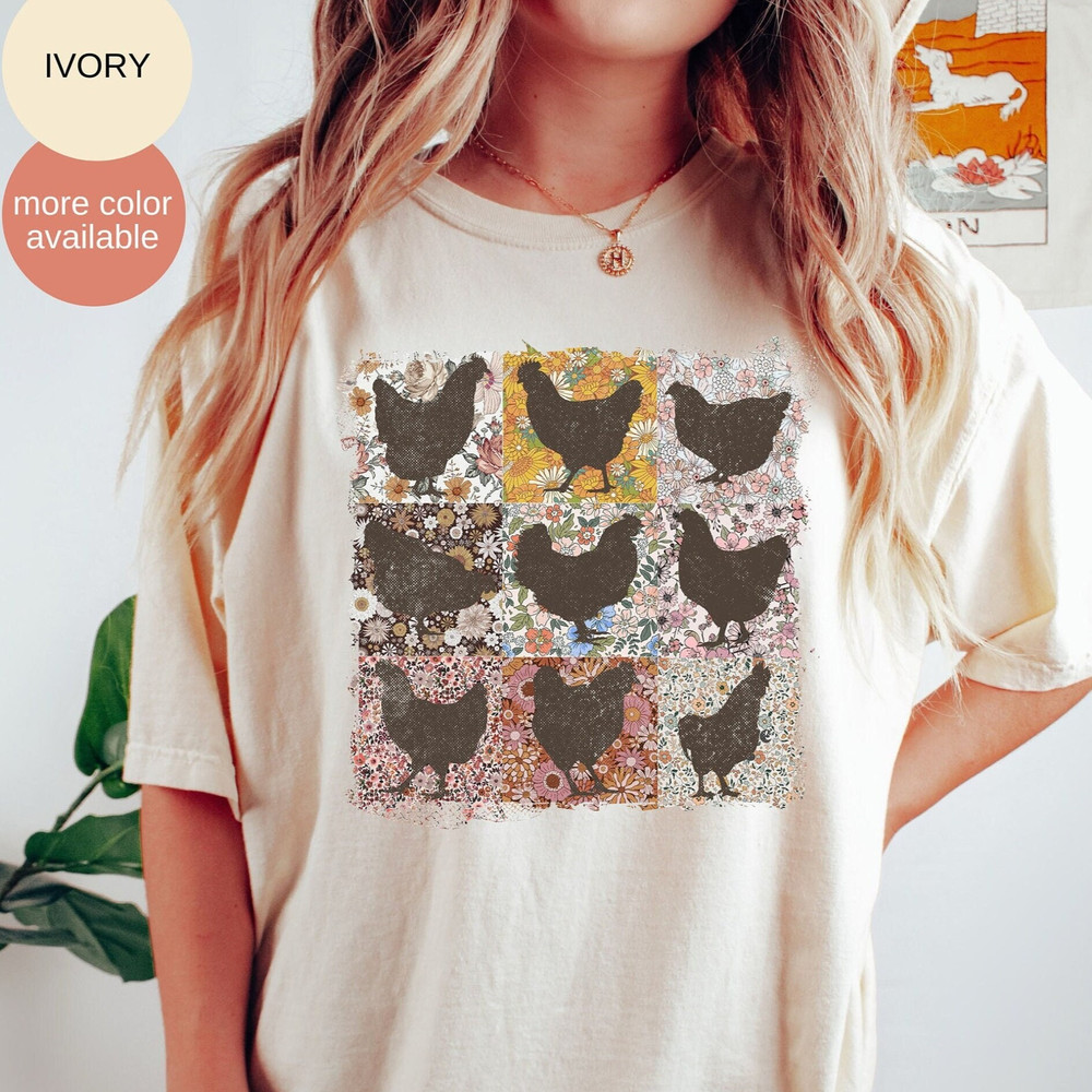 Retro Boho Chicken Farm Shirt, Chicken Floral Shirt, Chicken Lover Gift, Chicken Mama Comfort Colors Shirt.jpg