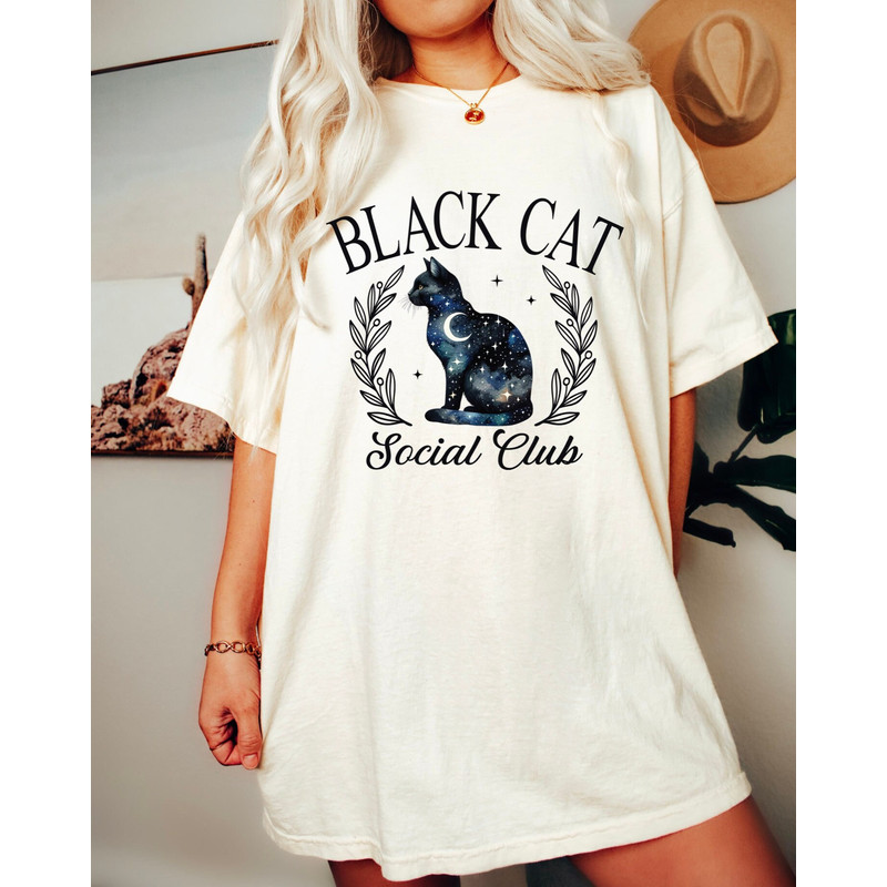 Spooky Cat Halloween Shirt - Women's Fall Comfort Color Top, Cute Witch Shirt, Plus Size Stars and Moon Design, Halloween Social Club Tee.jpg