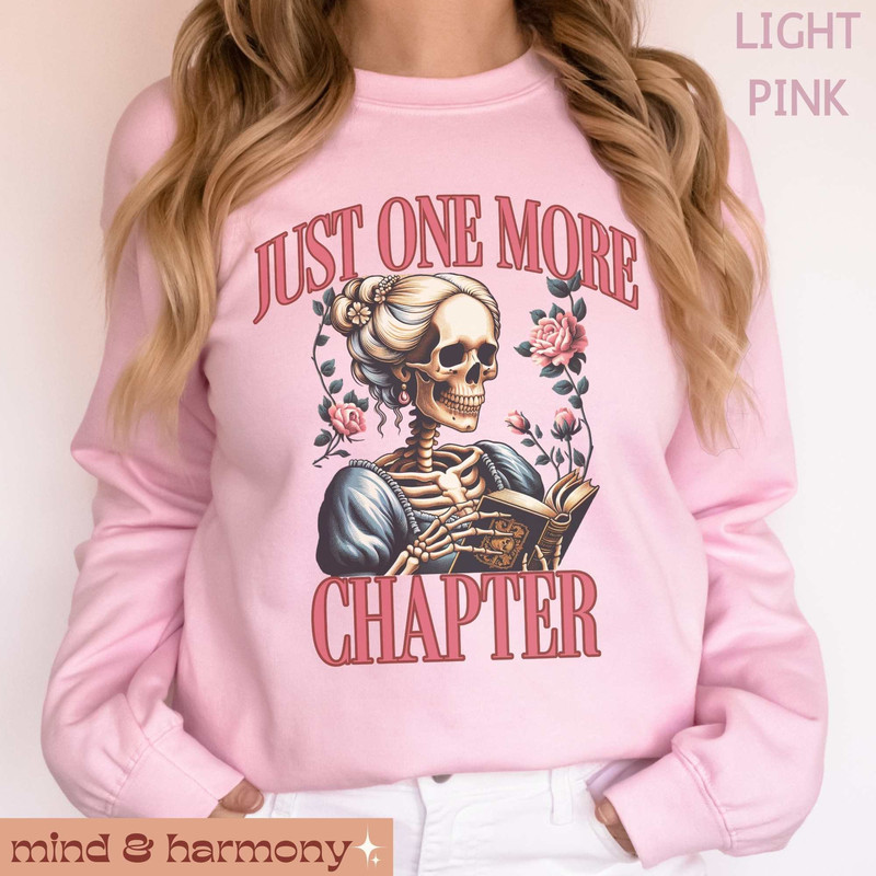 Library Sweatshirt, Just One More Chapter Skeleton Reading Halloween Sweater Bookish Crewneck Bookworm Gift Book Lover Top Celestial Library.jpg