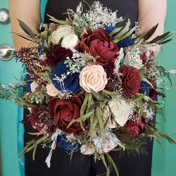 burgundy, navy, and blush sola wood flower bouquet, fall wedding bouquet, wooden bridal bouquet