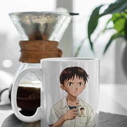 shinji holding a mug, text anime, birthday party, coffee tea anime mug 11 oz double sided ceramic mug gift birthday gift