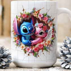 3D Stitch Angel Floral Mug, Disney Mug, Mothers Day Mug 11oz, 15oz Mug