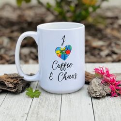 Autism Awareness Custom Name Mug - "I heart coffee & chaos"