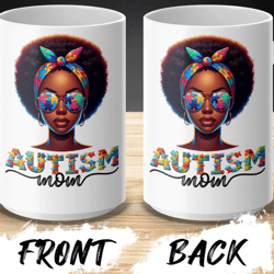 Autism Awareness Mom Coffee Mug, Colorful Puzzle Pieces Design, African American Woman, Inspirational Support Gift