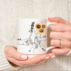 personalized grandma sunflower mug, holding kid hands mom mimi mug, 11oz ceramic mug for gigi mom, custom kidnames hand