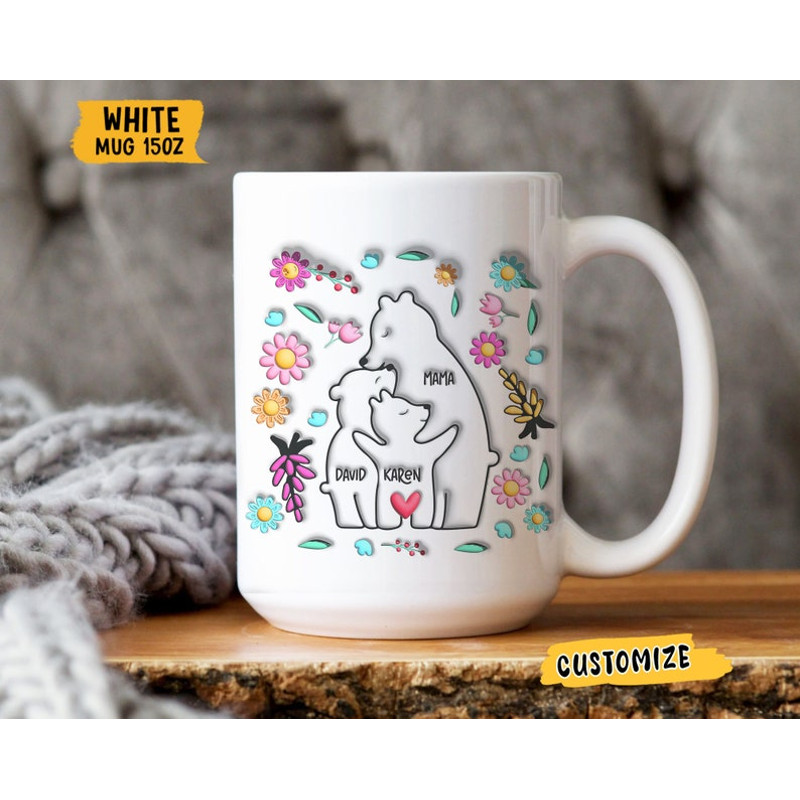 Mama Bear Mug, 3D Inflated Effect Printed Mug Gift for Mom, Bear Family Floral Mug, Mothers Day Mug, Mom Mug, Mom Birthday Gift, From Kids1.jpg