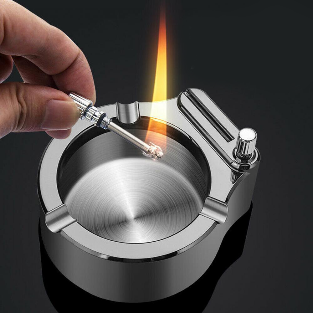Retro Metal Ashtray with BuiltIn Lighter  Stainless Steel  Aluminum Cigar Holder