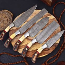 Handmade Damascus Steel Knives with Camel Bone And Wood Handle - Chef Knife Kitchen Set