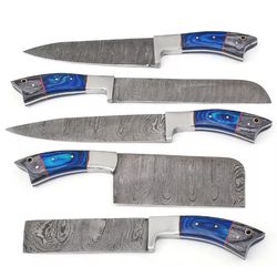 handmade damascus steel chef knife set with paka wood handle – 5-piece premium kitchen knives