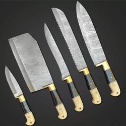 kitchen knives set handmade damascus steel chef knife with bull horn, camel bone and bolsters
